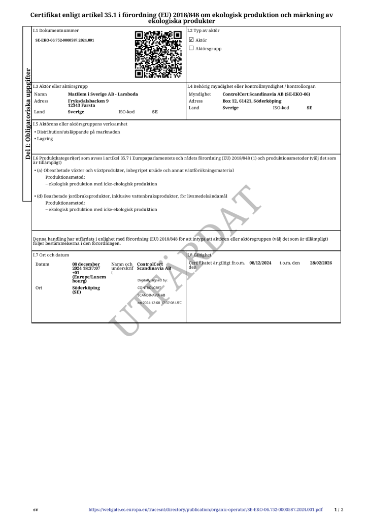 Certificate according to Article 35.1 of Regulation (EU) 2018/848