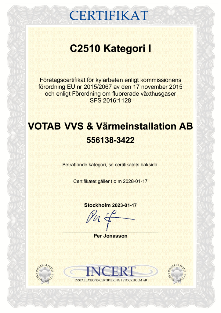 Business cerificate for cooling works - 2510