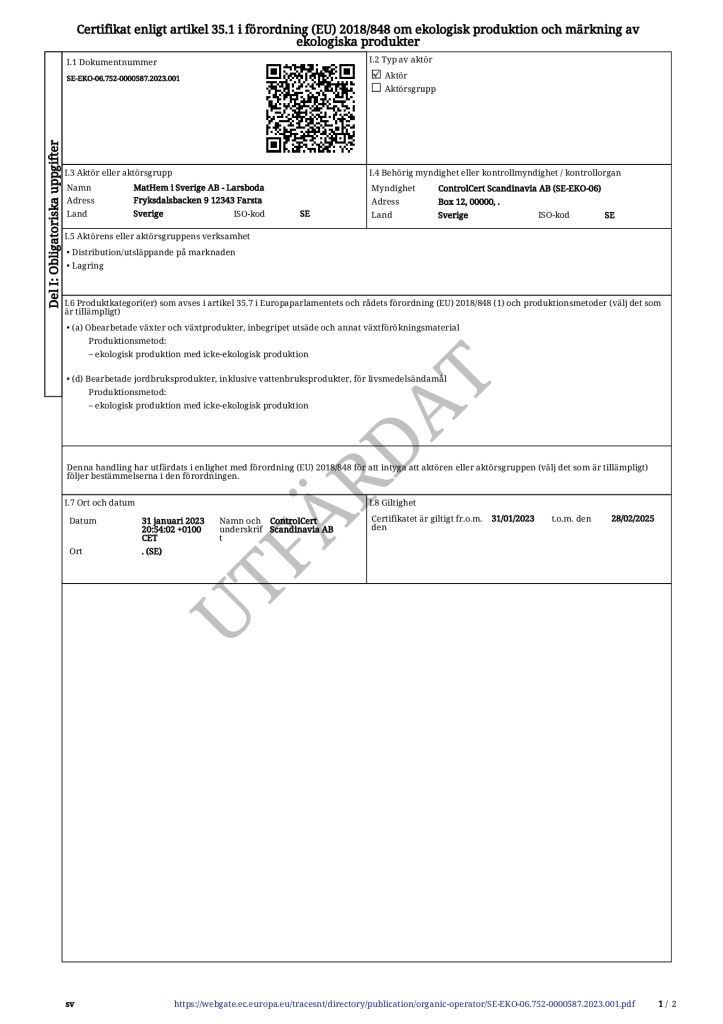 Certificate according to Article 35.1 of Regulation (EU) 2018/848